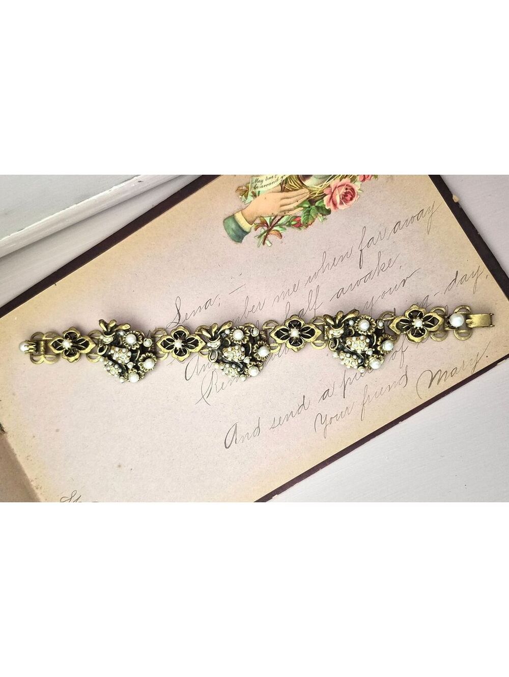 Vintage Victorian Revival Faux Pearl Floral Brass Bracelet